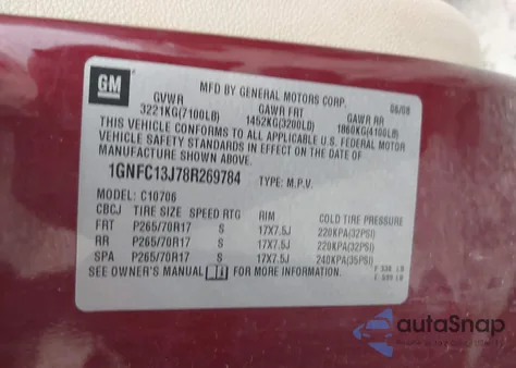 2008 Chevrolet Tahoe Lt from USA, damaged, VIN 1GNFC13J78R269784